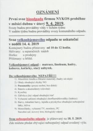 Oznámení - svozy odpadu - jaro 2019