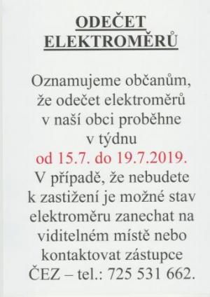 Odečet elektroměrů proběhne ve dnech 15. - 19.7.2019