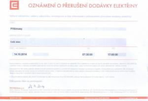 OZNÁMENÍ O PŘERUŠENÍ DODÁVKY ELEKTŘINY