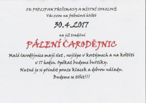 PÁLENÍ ČARODĚJNIC v neděli 30.4.2017 na fotbalovém hřišti od 17 hodin