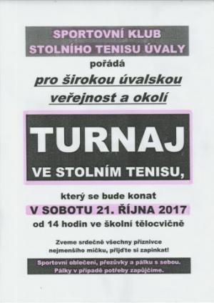 TURNAJ VE STOLNÍM TENISU pro širokou veřejnost v sobotu 21.10.2017 od 14 hodin