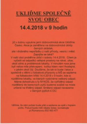 UKLIĎME SPOLEČNĚ SVOU OBEC v sobotu 14.4.2018 od 9 hodin